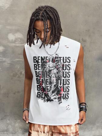 Street Life Men's Virgin Mary Street Style Letter Print Crew Neck Loose Casual Tank Top