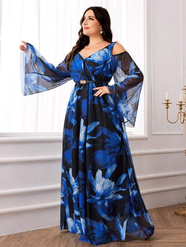 Modelyn Vestido de talla grande para mujer con estampado floral, hombros descubiertos y mangas acampanadas