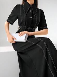 Heiryn Women's Collared Single-Breasted Belted Short Sleeve Dress - Black - View 1