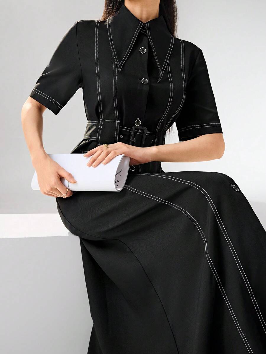 Heiryn Women's Collared Single-Breasted Belted Short Sleeve Dress - Black - View 1