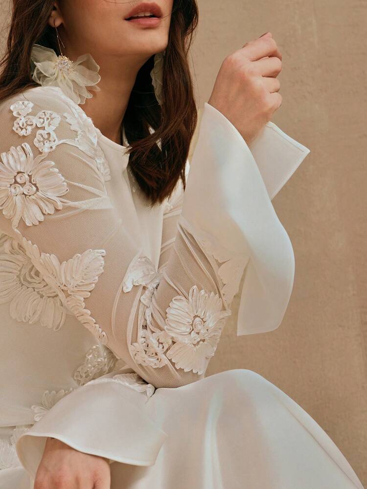 Women's Jacquard Flared Sleeve Elegant Textured Patchwork Dress