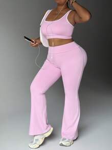 Easithlete Plus Size Women Contrast Color Trim Cropped Tank Top And Pants Sports Suit - Pink - View 2