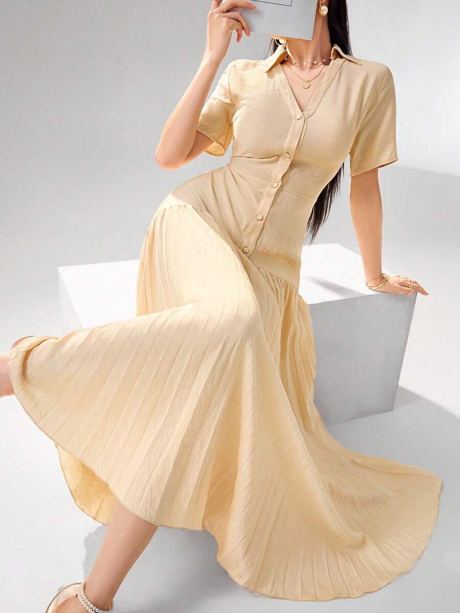 Heiryn Women's Solid Color Short Sleeve Single-Breasted Pleated Casual Long Dress Shirt - Yellow - View 1