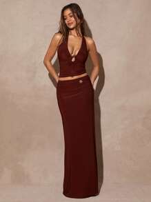 Silquee Women's Elegant Solid Color Low Waist Ultra Long Skirt, Summer - Brown - View 1