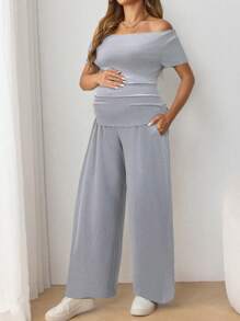 SHEIN 孕妇休闲可调节腰围直筒裤和短袖 T 恤套装 - 淺灰色 - 查看 3