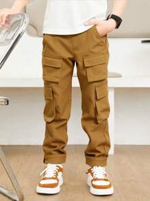 Boys' Casual Multi-Pocket Elastic Waist Cargo Washed Denim Pants - Khaki - View 1