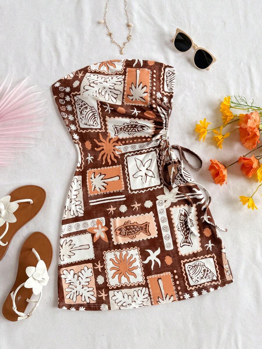 Soleia Summer Beach Vacation Island Element Print Drawstring Waist Hollow Out Fitted Tube Dress, Holiday Date Night, Afternoon Tea,Dresses For Women Summer