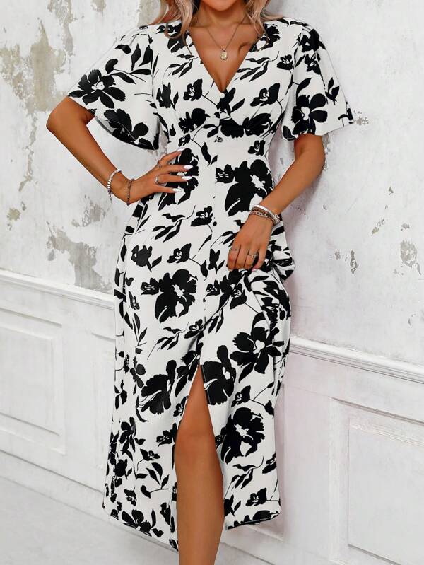Wandoria Women's Tropical Plant Print V-Neck Ruffle Short Sleeve Long Elegant Dress With Side Slit Hem, Perfect For Vacation Maxi Women Outfit