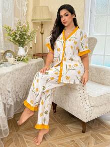 CottageSlumber Plus Size Women Color Blocking Floral Print V-Neck Ruffle Trim Top & Pants Loungewear Set, Cozy And Elegant Details - Yellow - View 1