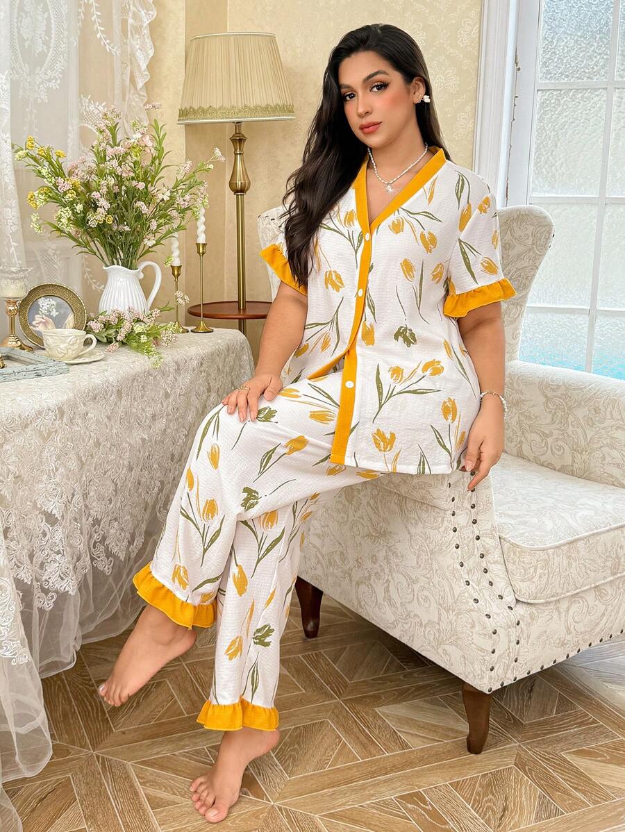 CottageSlumber Plus Size Women Color Blocking Floral Print V-Neck Ruffle Trim Top & Pants Loungewear Set, Cozy And Elegant Details - Yellow - View 1