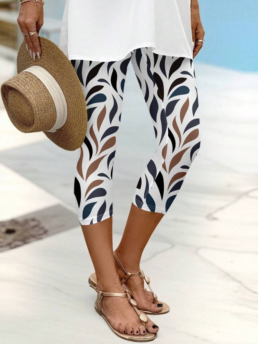 EMERY ROSE Women's Casual Capris Leggings: Multicolor Knitted Fabric, Abstract Leaf Print, Comfortable And Stylish For Everyday Wear Fall Clothes - Multicolor - View 1