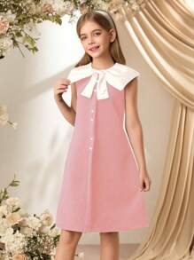 SHEIN Tween 女童蝴蝶结领 A 字形连衣裙，休闲/工作装 - 粉色 - 查看 4