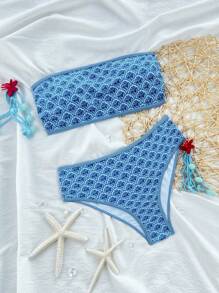 Swim Mod Bộ đồ bơi 2 món cho kỳ nghỉ xuân dành cho nữ, áo crop top hở vai in họa tiết hoa ngẫu nhiên và quần short cạp cao đi biển mùa hè - Màu xanh lam - Xem 2