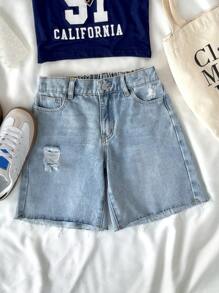 SHEIN 青少年女孩春夏 Y2K 休闲浅色水洗牛仔低腰破洞牛仔裤，带毛边下摆，女孩夏季海滩波西米亚风度假服装，夏季狂欢音乐会节日服装 - 淺色水洗藍 - 查看 4