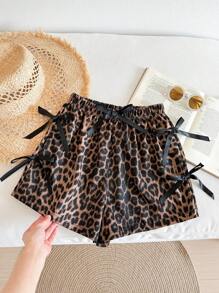 Tween Girl Casual Chiffon Leopard Print Bow Shorts, Fashion & Versatile, Spring/Summer - Brown - View 5