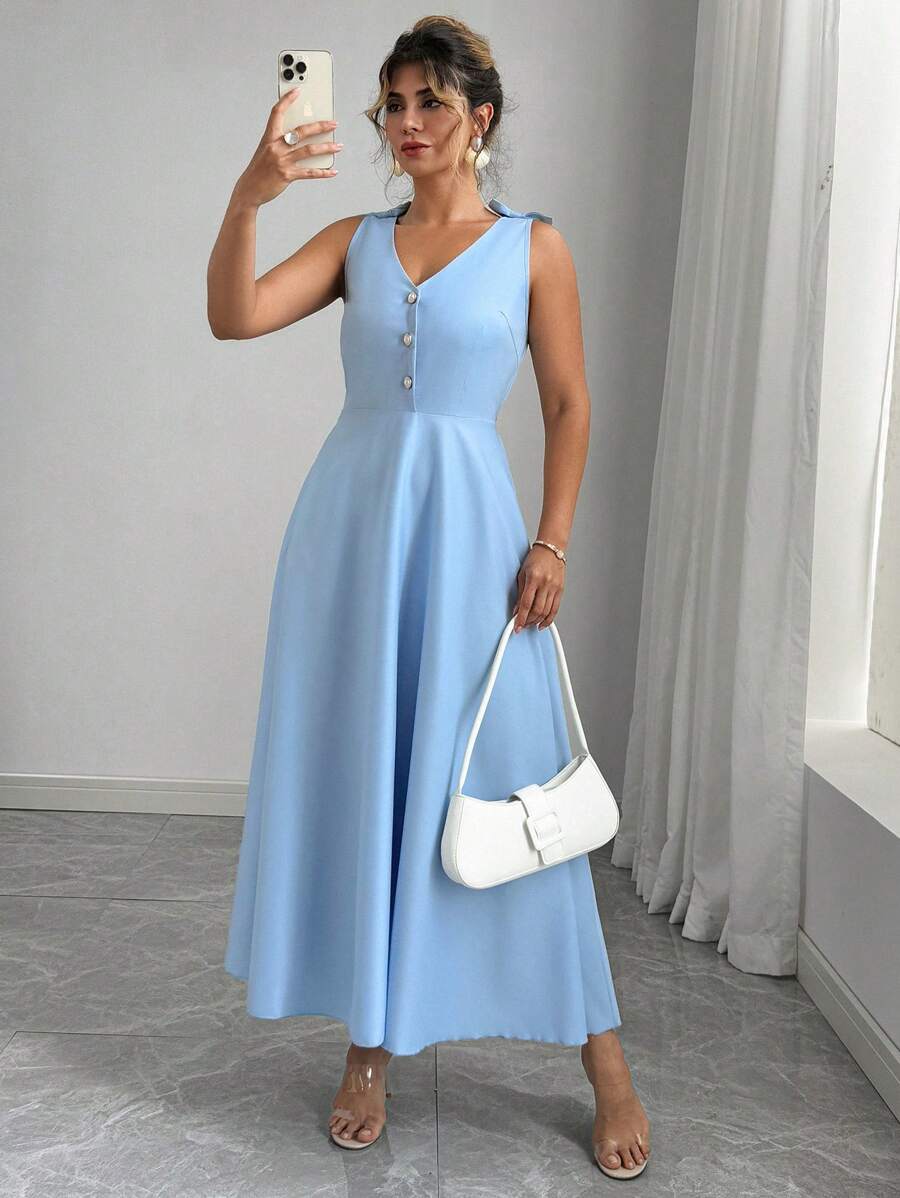 Elenzga Plus Size Women's Solid Color V-Neck Dress With Bow Decor - Blue - View 1