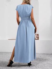 SHEIN Clasi Women's V-Neck Ruched Waist Split Elegant Fashion Dress Maxi Women Outfit - Baby Blue - View 2