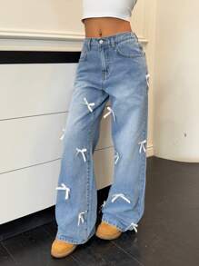 SHEIN Teen Girl Y2K Spring Summer Light Washed Cute Bowknot Low Waist Loose Fit Ripped Denim Wide Leg Jeans, Girls Summer Brunch Graduation , Vacation Beach Casual ,Country Concert Rave