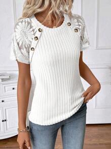 SHEIN LUNE Women's Summer Casual Knit Textured Patchwork Floral Lace Button Decor Raglan Sleeve Fitted Round Neck T-Shirt, Suitable For Daily Casual Life, Outings, Vacations, Countryside, Bohemian, Rustic Style - White - View 3