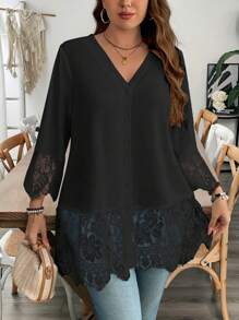 SHEIN Clasi 大码女式 V 领纯色蕾丝拼布休闲衬衫 - 黑色 - 查看 1