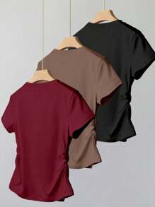 3pcs Teen Girls' Casual Minimalist Black Bow Print Waist Short Sleeve T-Shirt Set - Multicolor - View 2