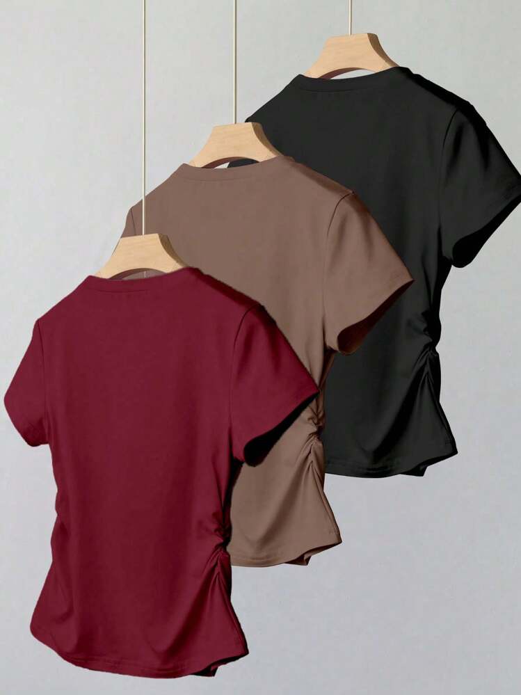 3 件装少女休闲简约黑色蝴蝶结印花腰部短袖 T 恤套装 - 彩色 - 查看 2