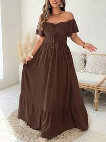 SHEIN Clasi Plus Size Women Elegant Off Shoulder Ruffle Waist-Tie A-Line Long Dress, Spring/Summer - Brown - View 3