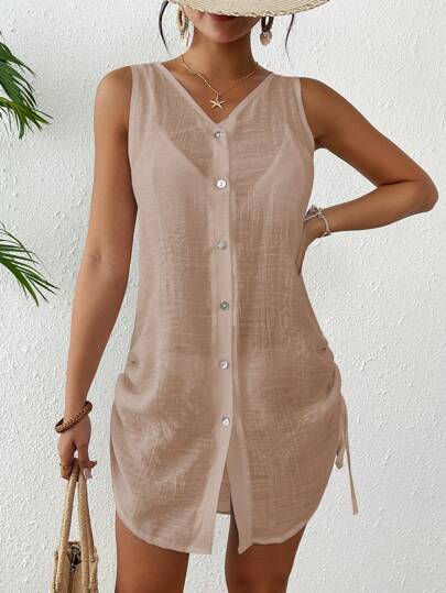 Swim Lushoire وشاح نسائي أحادي اللون مع أزرار أمامية، مناسب للشاطئ والعطلات