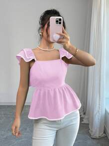 Elenzga Women's Backless Tie Ruffle Sleeve Fashionable Blouse - Pink - View 3