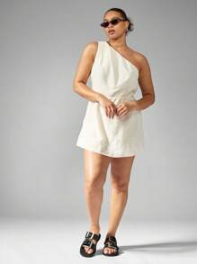 MISSGUIDED PLUS Plus Size One Shoulder Linen Romper Playsuit Summer Beach Resort Wear Shorts Jumpsuit Vacation Casual Party - Beige - View 3