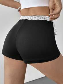 SHEIN Essnce Lace Shorts Bowknot Low Rise Shorts Summer Shorts Women's Contrast Lace Side Tie Stylish Shorts - Black - View 3