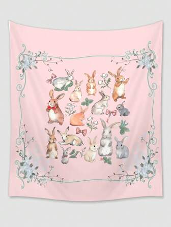 Kawaii 1 pieza Tapiz de pared de poliéster con patrón de conejo lindo en acuarela, adecuado para la decoración de la pared de la sala de estar, el dormitorio, el camping, todo el año