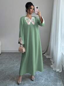 Yasmyna 女士阿拉伯风格宽松蝴蝶印花连衣裙，杏色，端庄 - 綠色 - 查看 5