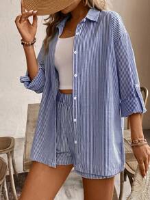 SHEIN Frenchy 女士条纹卷袖衬衫和短裤休闲两件套 - 藍色 - 查看 5