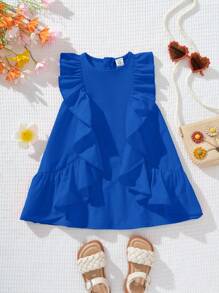 SHEIN Summer Cute Orange Ruffle Trim Vacation Dress For Baby Girl - Blue - View 10