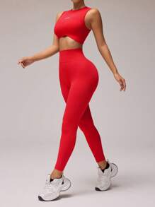 Core Rhythm Women Sports Sleeveless Tank Top And Long Pants Set, Fashionable For Summer Workout Women Sets - Red - View 4