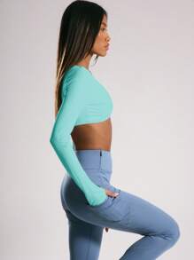 Musera Sport Áo croptop thể thao tay dài kiểu xoắn phía trước, thích hợp cho Padel, Tennis, Pickleball, tập gym, thể dục mùa hè. - Màu xanh nhạt - Xem 3