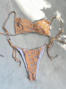 SHEIN Swim Bikini a bretelle con stampa a quadri e di animali, in stile girly