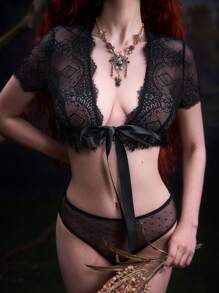 2pcs Vintage Palace Style Lace Embellished Strappy Bra & Panty Set For Women, Sexy Lingerie Set - Black - View 3