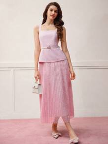 MOTF PREMIUM VESTIDO DE MALLA CONTRASTANTE CON CINTURÓN - Rosa - Ver 7