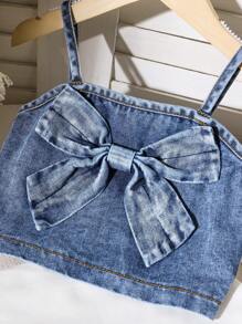 2pcs/Set Baby Girls 0-3 Years Fashion Casual Denim Bowknot Strap Top & Pants Set, Spring/Summer - Blue - View 3