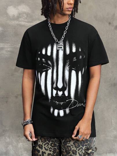 Grunge Punk تي شيرت كم قصير رجالي مع طباعة الوجه في طراز Y2K ، بسيط وموضي ، مناسب للصيف