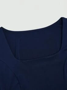 SHEIN Clasi Abito a maglia con scollo a barca, maniche corte, vita con cintura, taglie forti, colore blu navy, elegante per primavera ed estate