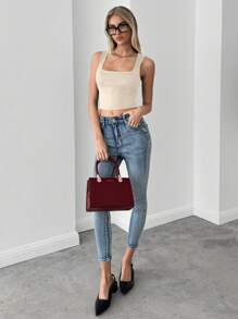 Siren Gaze Women'S Square Neck Basic Solid Color Tank Top Summer - Apricot - View 3
