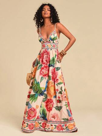 Travachic Women's V-Neck Maxi Woven Dress With Floral Print, For Spring/Summer Resort,Summer Outfits For Women,Beachwear,Easter,Beach Outfits For Woman,Spring Break,Vacation Outfits Women, Suitable For Holiday , Afternoon Tea, Wedding Season, Beach Cruise Vacation, City Road Trip Vacation, Boho Vacation, Music Festival , Beachwear, Easter, Beach Outfits For Woman, Elegant Dress For Women, Vacation Outfits Women, Concert Outfit Women, Tropical Vacation Woman Clothes, Holiday Outfits, Bohemian Clothes,For Spring Sunmmer And Autumn