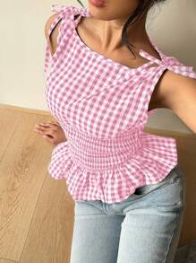 Aloruh Women's New Black & White Plaid Retro Romantic Date/Afternoon Tea Bow Collar Slim Fit Ruffle Hem Vest Y2K Cute Casual Blouse - Pink - View 5