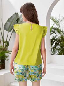 2Pcs/Set Teen Girl Cap Sleeve T-Shirt + Floral Printed Shorts