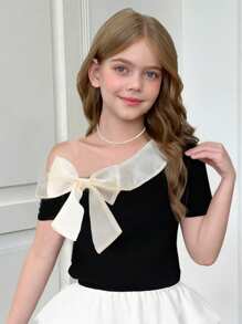 SHEIN Maglietta aderente a maniche corte con decorazione a fiocco sulla spalla, stile elegante signorile per ragazze adolescenti