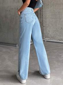 EURMUSE Women's Snowflakes Distressed Straight Jeans With Pockets - Light Wash - View 2