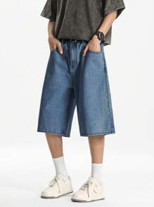 Chillumni 男士浅蓝色水洗宽松休闲牛仔短裤 - 深色水洗藍 - 查看 6